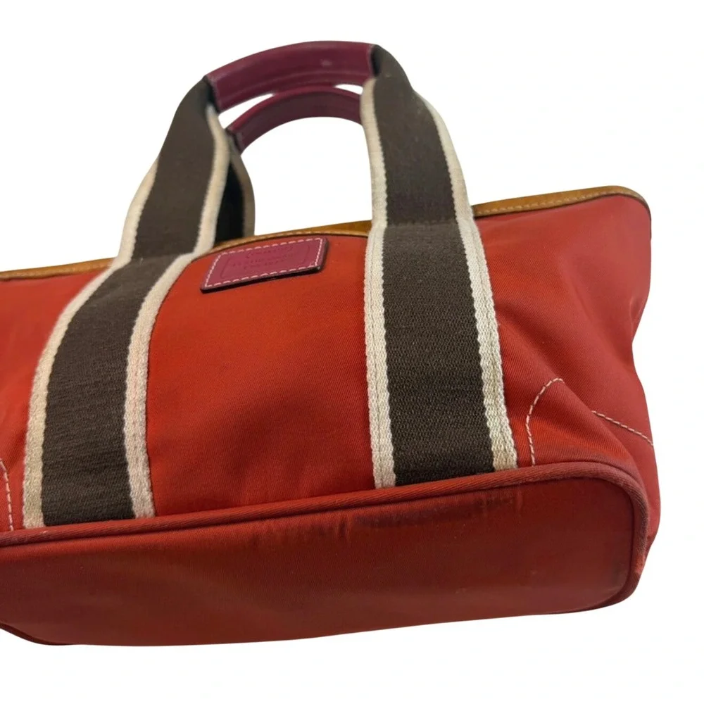 Flawed Gem! Coach Hamptons Weekend Canvas Tote Bag Brown Striped Leather Trim